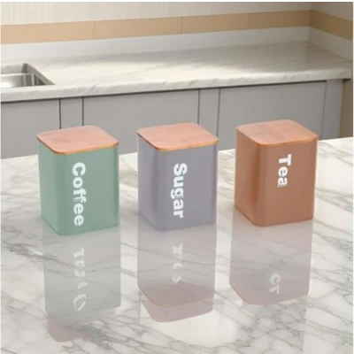 Image of Abaseen Set of 3 Tea Coffee Sugar Canisters Includes 1000ML and Containers with Airtight Bamboo Lids Metal Square Jars (Multicolor)