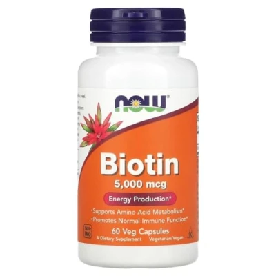 Image of Now Foods Biotin 5000mcg Supports Hair, Skin, and Nails Health 60 Veg Capsules