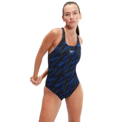 Image of Speedo Womens Hyperboom Allover Medalist Quick Drying Fitness Chlorine Resistant Swimsuit, Black/True Cobalt/Curious Blue, 28 EU