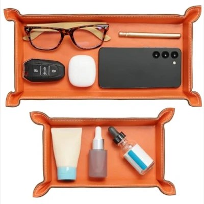 Image of Navaris PU Leather Tray Set 2 pcs Trinket or Valet Key Bowl Jewellery, Pen, Watch Organiser Desk Trays Stylish Bedside Table Accessories Tidy for Men