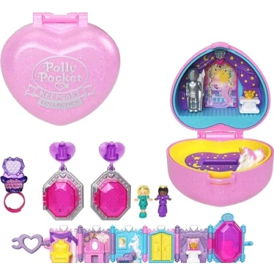 Image of POLLY POCKET Keepsake Collection Royal Ball Jewelry Set, Unicorn Castle Theme, 2 Dolls, Ring &amp; Box, Earrings, Bracelet, Ages 4 Years Old Up