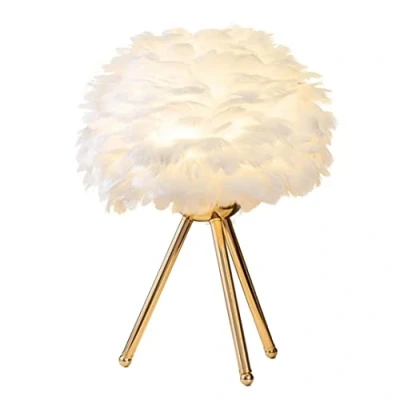 Image of DUNMW White Feather Table Lamp Bedside with Elegant Golden Support Rod Light Decorative for Bedroom, Living Room