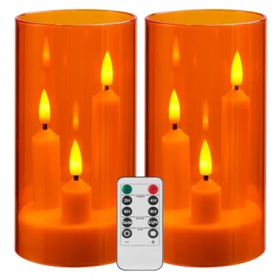 Image of Da by Flameless Candle, Battery Powered Candle with Remote Control and Timer, LED Three Wick Pillar Romantic Wedding, Perfect Home Décor, 2 Pack (Orange)