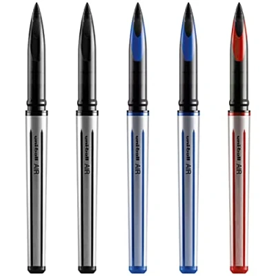 Image of uni ball AIR 0.7mm Medium Rollerball 5 Pack 2 x Black, Blue, 1 Red UBA 188 L