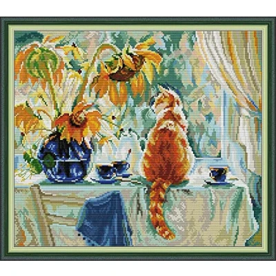 Image of OWN4B Cross Stitch Kits Pre Printed, Cat and Sunflower Stamped Pattern 11CT 21.7x18.9 inch DIY Embroidery Kit (Cat)