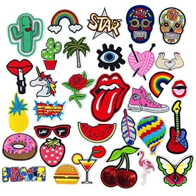 Image of MINGZE 32 Pieces Iron On Patches Kit, Embroidery Applique Stickers Flowers Sew and Badges Fabric Repair Patch for Kids Cute DIY Clothes Jeans Jackets Shoes Bag Backpacks T Shirt