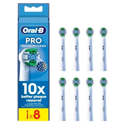 Image of Oral B Pro Precision Clean Electric Toothbrush Head, X Shape And Angled Bristles for Deeper Plaque Removal, Pack of 8 Heads, White