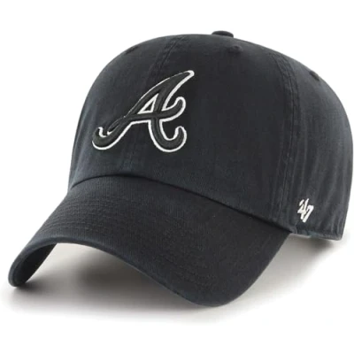 Image of 47 Brand MLB Black White Outline Primary Logo Clean Up Adjustable Baseball Cap Hat, Adult One size Fits All, Atlanta Braves,