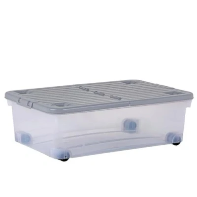 Image of Wheeled WHAM storage Box with Folding Lid 32 Litre Grey Top Clear Base (1)