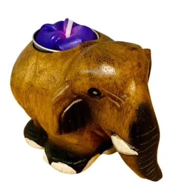 Image of Wooden Elephant Tea Light Holder Handmade Decorative Candle Home Accessory Gift Present Wood Carved Ornament tealight display Thailand Traditional