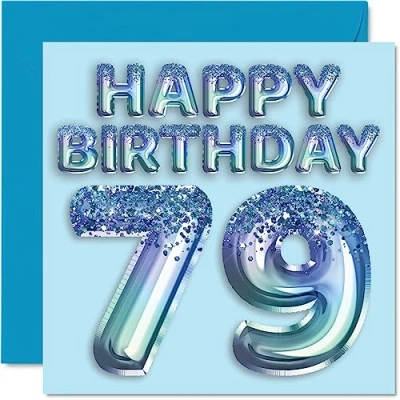 Image of 79th Birthday Card for Men Blue Glitter Party Balloon Happy Cards 79 Year Old Man Great Grandpa Grandad Dad Gran, 145mm x Seventy Nine Ninth Greeting Gift