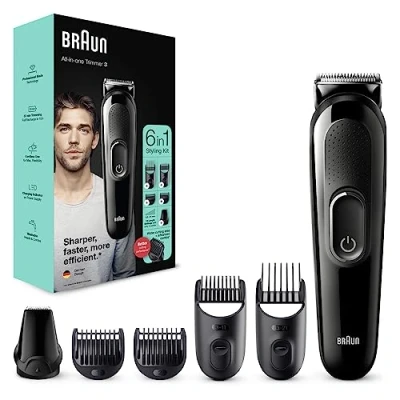 Image of Braun 6 in 1 All One Series 3, Male Grooming Kit with Beard Trimmer, Hair Clippers &amp; Precision Trimmer Lifetime Sharp Blades, 5 Attachments, Gifts for Men, UK 2 Pin Plug, MGF3335, Black Razor