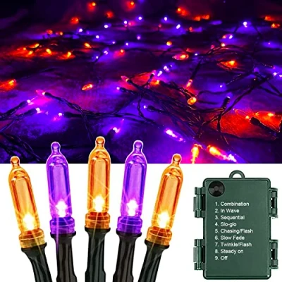 Image of OEMG 12m 120 LED Halloween Lights Orange Purple Christmas Lights, 8 Modes Fairy Battery Outdoor Waterproof String Curtain House for Xmas Garden Party Yard Roof Decor