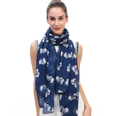 Image of Lina &amp; Lily Squirrel Print Women&#039;s Large Scarf Lightweight (Navy Blue/White)(Size: 180 X 100 cm)