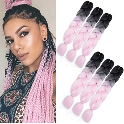 Image of Ombre Jumbo Braiding Hair pink, 6packs Braids Extensions for Box Braid Crochet Twist (Black pink)