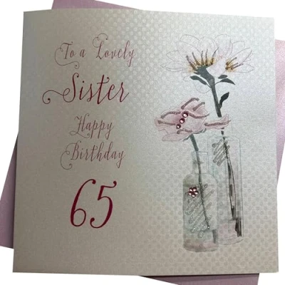 Image of white cotton cards Dandelion, Happy Lovely Sister 65&quot; Handmade 65th Birthday Card, White, bd65 65