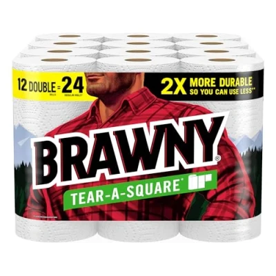 Image of Brawny Tear A Square Paper Towels, 12 Double Rolls = 24 Regular Rolls, 3 Sheet Sizes (Quarter, Half, Full), Strength for All Messes, Cleanups, and Meal Prep