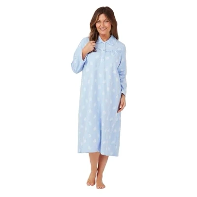 Image of INSIGNIA Womens Brushed Cotton Long Sleeve Nighties Nightdress (Blue Leaf, 24 26)