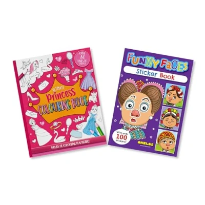Image of Anilas Set of 2 Funny Faces Sticker Book &amp; Colouring Activity Book, Themes Include Unicorns, Dinosaurs, Pirates, Princess, Mermaid, Knights, Diggers, Ideal for Children Aged 3 8(Princess)
