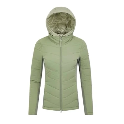 Image of LeMieux Brioney Hybrid Jacket 2 in 1 Zip Out Hood Front Panel Zipped Pockets Insulated Quilted Woven Baffles Durable Water Repellent Coating Thyme UK 12