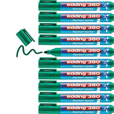 Image of edding 380 flipchart marker green box of 10 round nib 1.5 3 mm for writing, drawing and marking on paper does not bleed through dry out