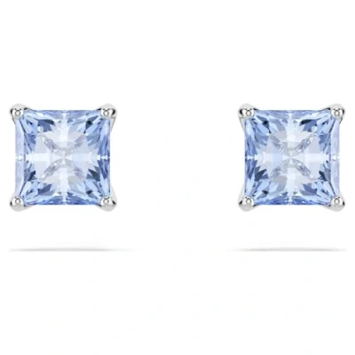 Image of Swarovski Matrix stud earrings, Square cut, Blue, Rhodium plated