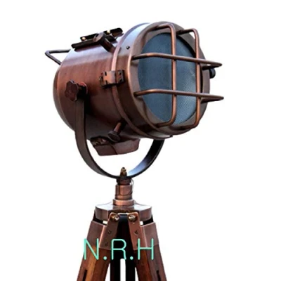 Image of Nautical Handmade Copper Floor Lamp with Wooden Tripod Portable Office Lighting Decor Marine Low Searchlight Home