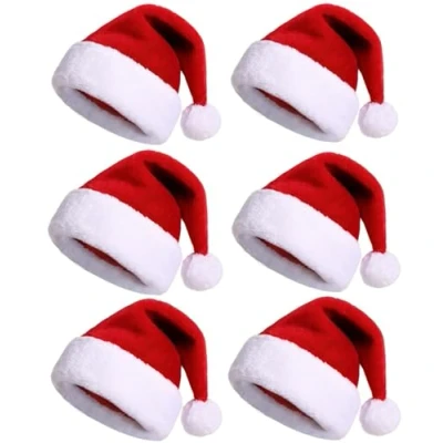 Image of Komonee 6 x Deluxe Santa Hat Thick Trim Headwear Father Christmas Claus Xmas Premium Festive Costume Fancy Dress