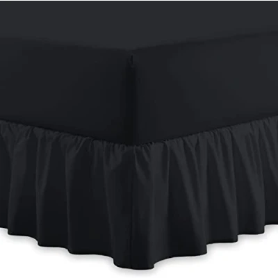 Image of Plain 100% Egyptian Cotton Fitted Valance Sheet Easy Care 16&quot; / 40cm Extra Deep Frilled Bed Machine Washable Single Double King Size (Black, Single)