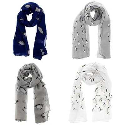 Image of Zac&#039;s Alter Ego Set of 4 Ladies Lightweight Assorted Colour Mini &amp; Large Penguin Print Scarf