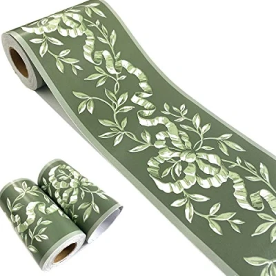 Image of Mesoar Self Adhesive Green Floral Rattan Wallpaper Border Peel Stick Decorative Ceiling Kitchen Bathroom Bedroom Sticker Molding 10cm by 32.8ft