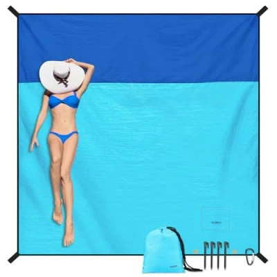Image of SKYREH Beach Blanket Sandproof Waterproof, Extra Large 220x210 cm Blanket, Lightweight Soft Comfortable Durable Material, Wide Stripes, Mat (Blue)