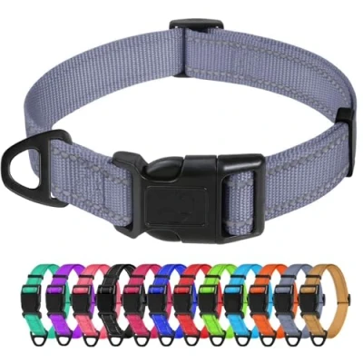 Image of TagMe Reflective Nylon Dog Collars, Adjustable Classic Collar with Quick Release Buckle for Extra Small Dogs, Grey, 1.5 cm Width