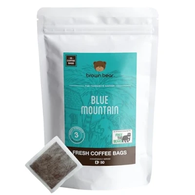 Image of Medium Roast Coffee Bags Pack of 50 Brown Bear Blue Mountain Blend Strength 3 Donation to Free The Bears Individual Arabica Ground Like Tea