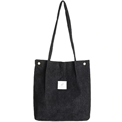 Image of FINDING CASE Large Cord Bag for Women Corduroy Tote Reusable Carry Shoulder Handbags Totebag School Shopping Work College Casual Travel (Black)