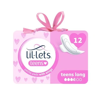 Image of Lil Lets Teens Long Pads X 12, Petite Towels for Girls &amp; Teenagers, with Wings, Medium Flow, Unscented, Soft Breathable, First Period Sanitary Towels, 1 Pack of 12