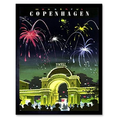 Image of Wee Blue Coo Travel Tourism Copenhagen Denmark Tivoli Gardens Fireworks Vintage Art Print Framed Poster Wall Decor 12X16 Inch