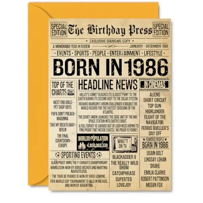 Image of 39th Birthday Card for Men Women Bday Press Newspaper 1986 Happy 39 Cards Cousin Sister Neighbour Wife Daughter Husband, A5 Greeting