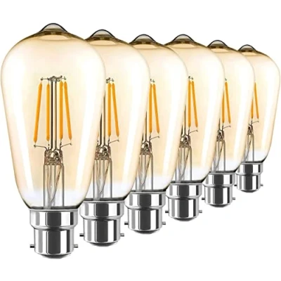 Image of AidSci Vintage Edison Light Bulb LED, B22 Bayonet Cap ST64 Amber Glass Filament 4W (40W Equivalent) 400LM 2700K Warm White, Retro Antique Old Fashioned Style Lamp, 6 Pack Golden Tinted