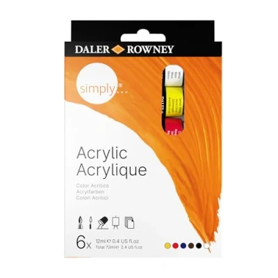 Image of Daler Rowney Simply Acrylic Paint, Aluminium Tubes, 0.41oz 12 ml, Cardboard Box, Set, 6 Assorted Colours