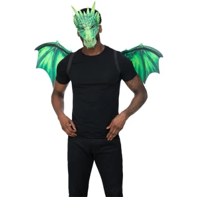 Image of Smiffys Green Dragon Kit with Mask &amp; Wings, Halloween Fancy Dress Accessory, Up Accessories