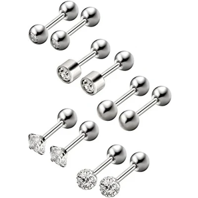 Image of 5 Pairs Stainless Steel Stud Earrings Round Ball Studs Cubic Zirconia Barbell Earring Set Helix Piercing for Tragus Cartilage Ear (Steel Color 1, Pairs)