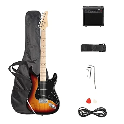 Image of Trayoz Full Size Electric Guitar Kit with 20Watt Amp, SSS Pickups Beginner Guitars W/All Accessories Strap, Gig Bag &amp; Cable (Brown Sunburst)