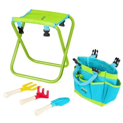 Image of Little Roots Outdoor Gardening Tools with Folding Chair, Kids Garden Set, 3pcs Wooden for Ages 3+