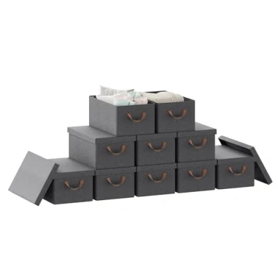 Image of WOLTU Storage Boxes Set of 10, Foldable with Lids, Under Bed Handles, Wardrobe Organiser, Non woven Fabric Basket, Grey, 48x29x20cm