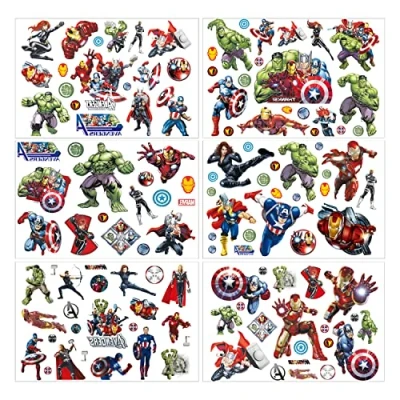 Image of Marvel Temporary Tattoo Set, 6 Sheets Avenger Fake Waterproof Tattoos Sticker for Boy Girl Teens Birthday Party Bags Fillers Favors Supplies Gifts Goodies Decoration
