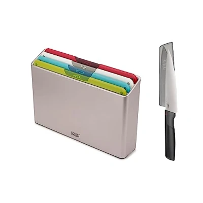 Image of Joseph Folio Icon, 4 Piece Colour coded Chopping Board Set, Slimline Case for Organised Kitchen Storage with Chef&#039;s Knife Regular, White