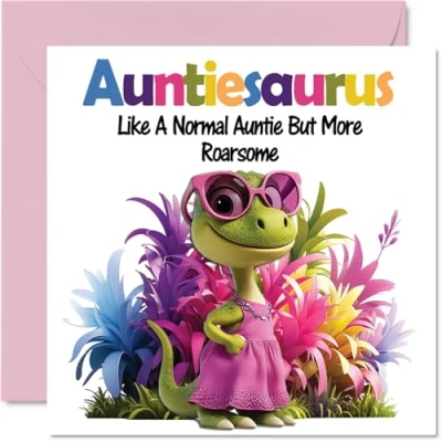 Image of Auntie Birthday Card Roarsome Auntiesaurus Happy for Aunty Aunt from Nephew Niece, 145mm x Dinosaur Bday Greeting Cards