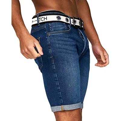 Image of Crosshatch Mens Stretch Denim Shorts Belted Knee Length Roll Up Faded Casual New, Mid Wash, 30W