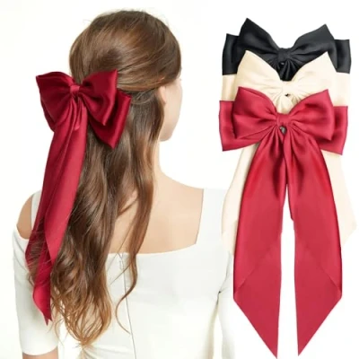 Image of Ushine Hair Bows for Women,3pcs Bow Clip,With Silk French Clips,Big Clip Women and Girls Red&amp;White&amp;Black